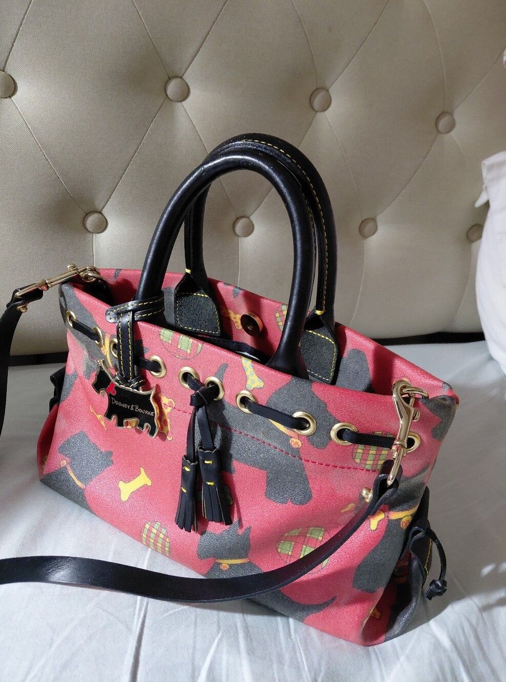 Dooney & Bourke red Scottie Pattern Satchel with Black Trim